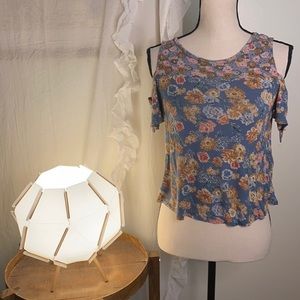 Lucky Brand Floral Cold Shoulder‎ Tie Detail Sleeve Top Size Small